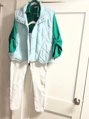 3 pc Blue vest/Notations Emerald Green Collared Blouse with White Jeans